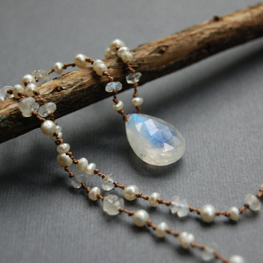 Rainbow Moonstone and Pearl Hand Knotted Necklace
