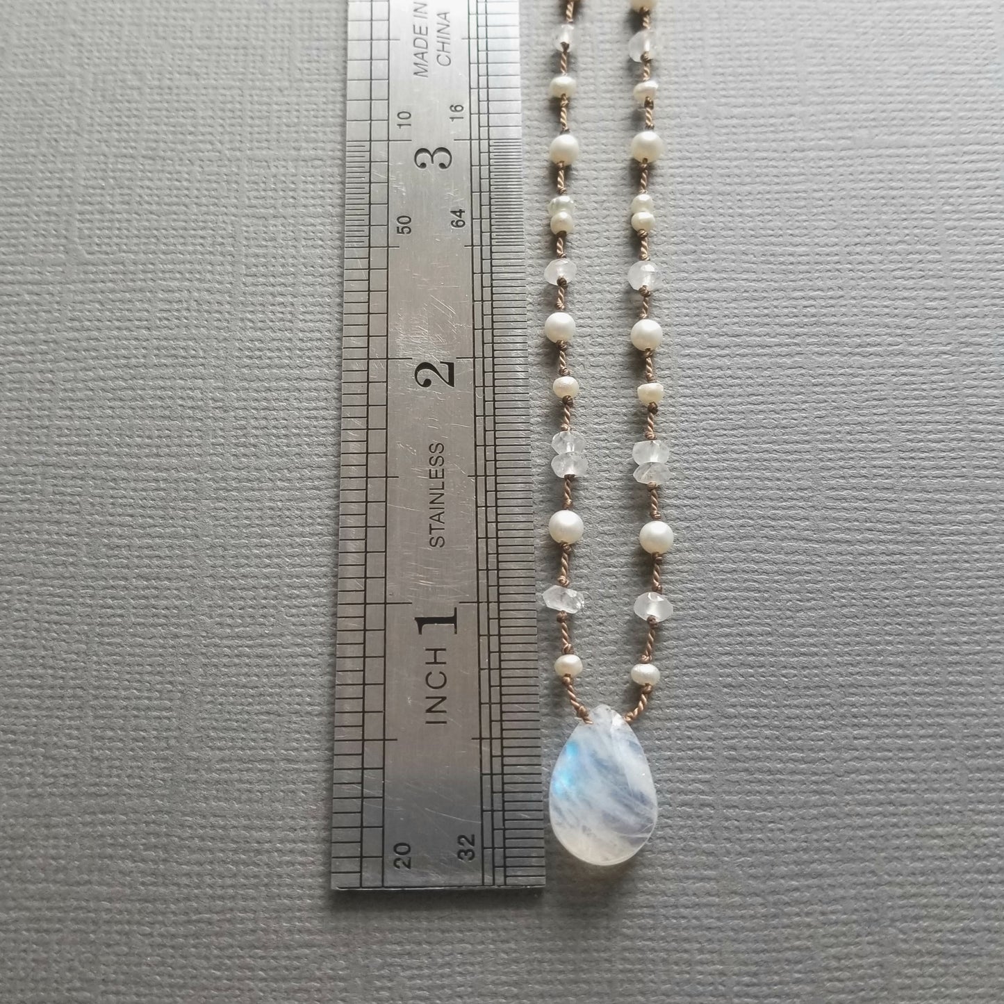 Rainbow Moonstone and Pearl Hand Knotted Necklace