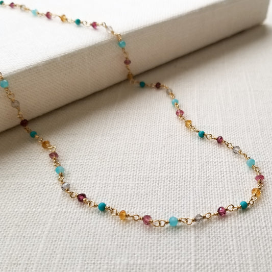 Multi Gemstone Necklace in Gold - Delicate, Wire Wrapped, Tiny Layering