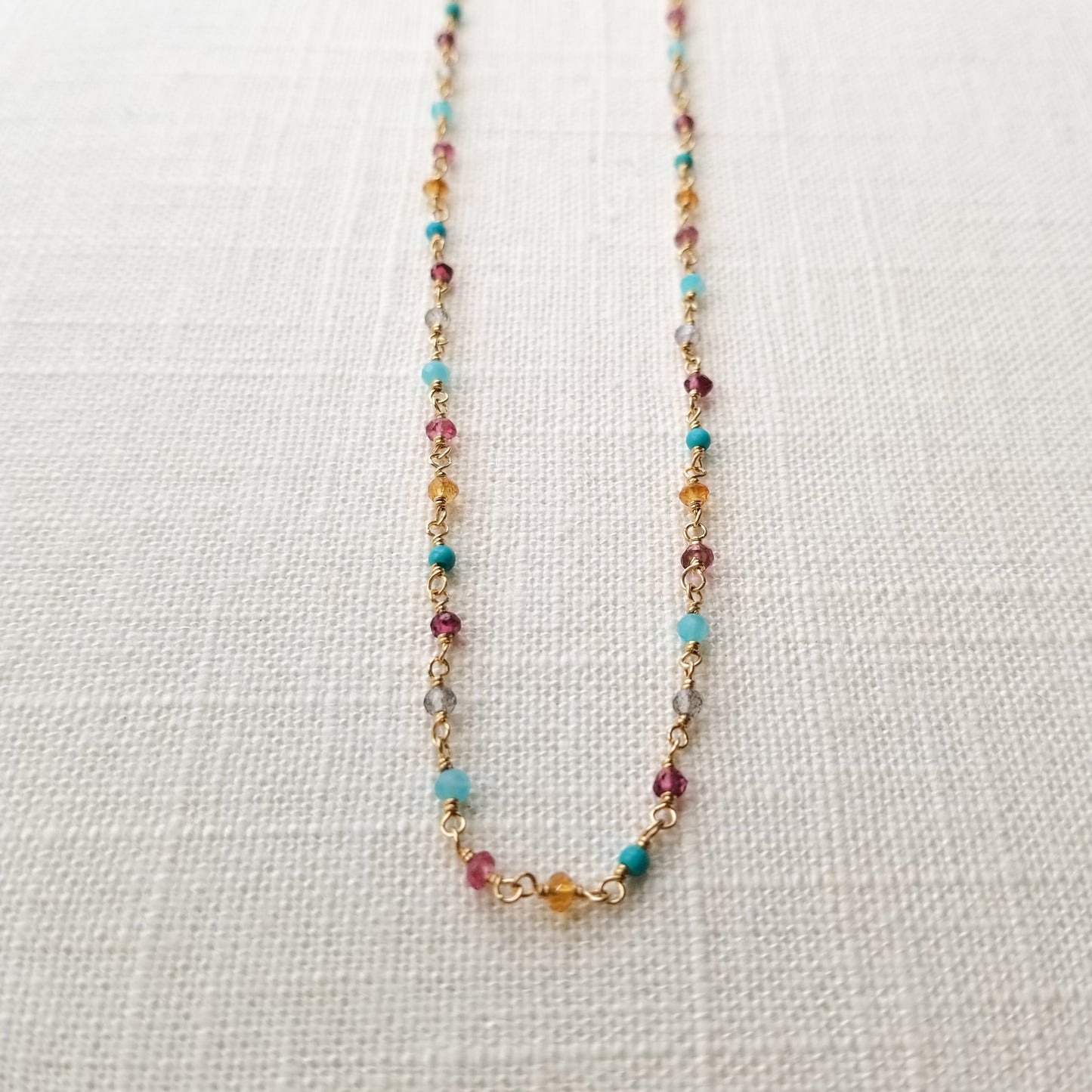 Multi Gemstone Necklace in Gold - Delicate, Wire Wrapped, Tiny Layering