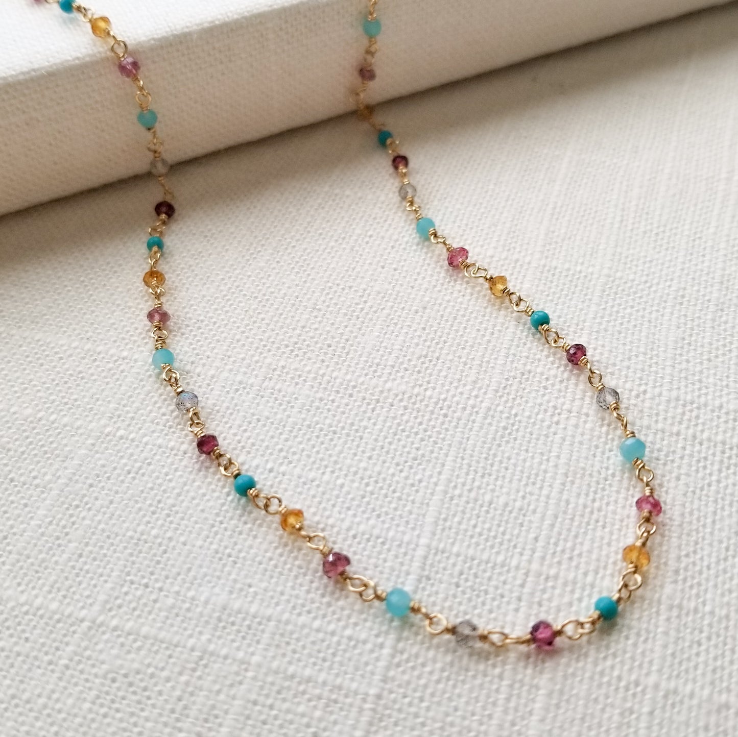 Multi Gemstone Necklace in Gold - Delicate, Wire Wrapped, Tiny Layering