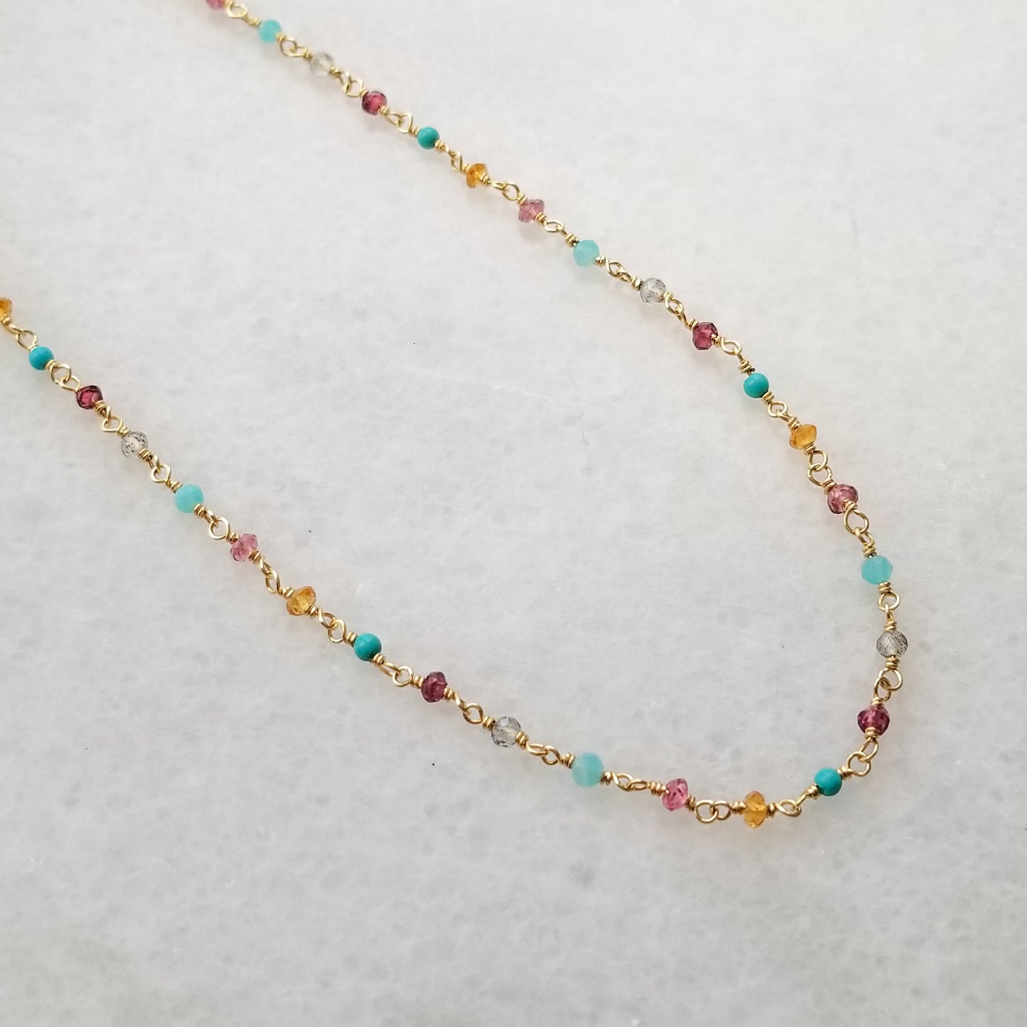 Multi Gemstone Necklace in Gold - Delicate, Wire Wrapped, Tiny Layering