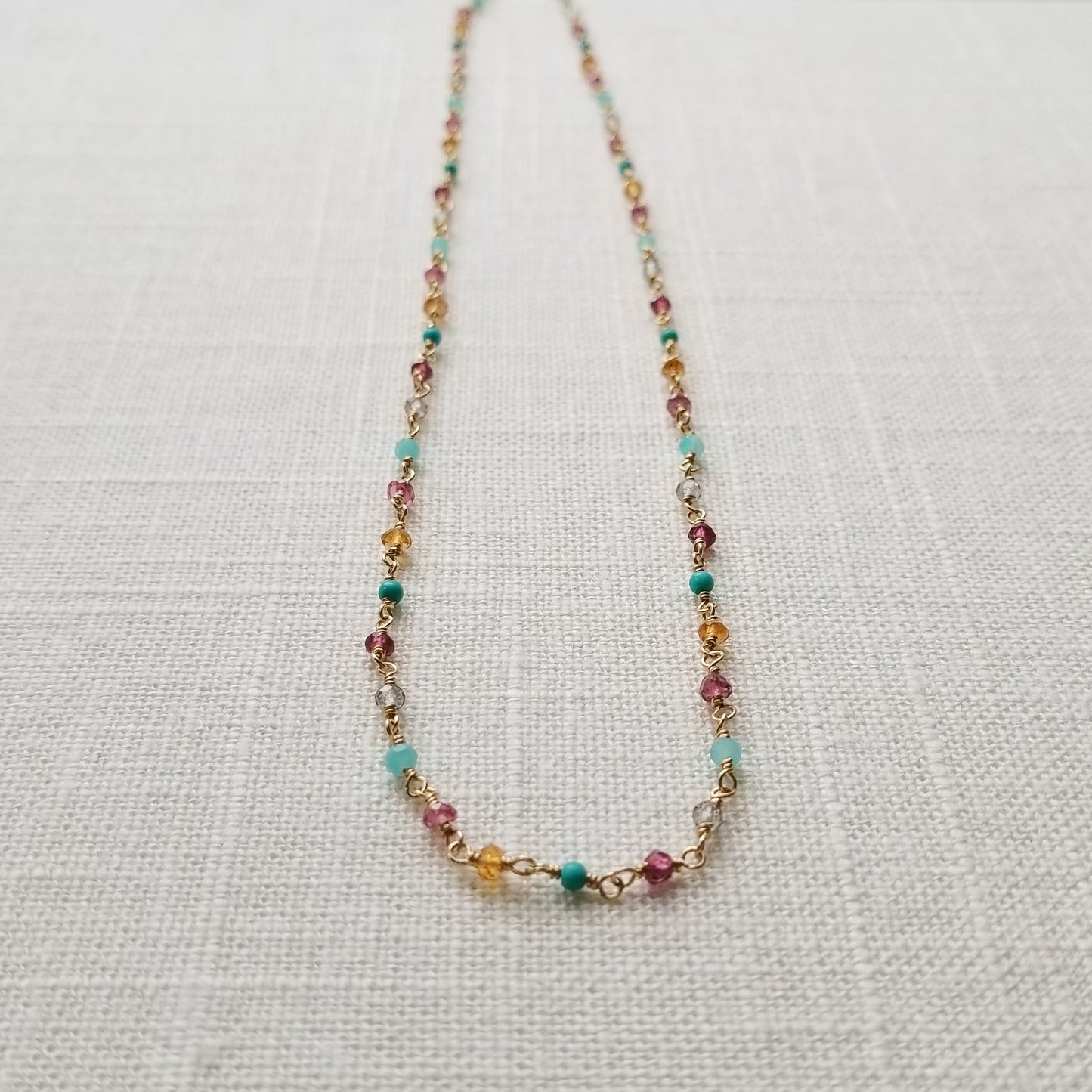 Multi Gemstone Necklace in Gold - Delicate, Wire Wrapped, Tiny Layering