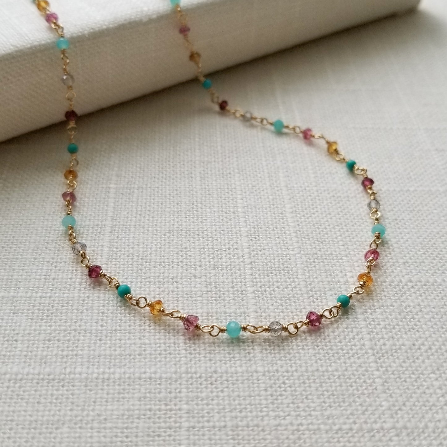 Multi Gemstone Necklace in Gold - Delicate, Wire Wrapped, Tiny Layering